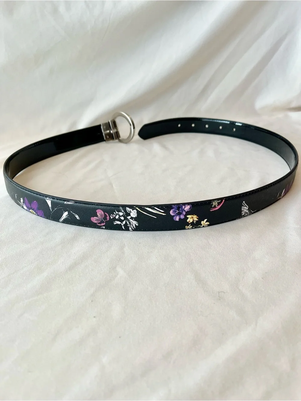 Reversible Black Floral Butterfly Women's Belt with Silver Round Buckle
